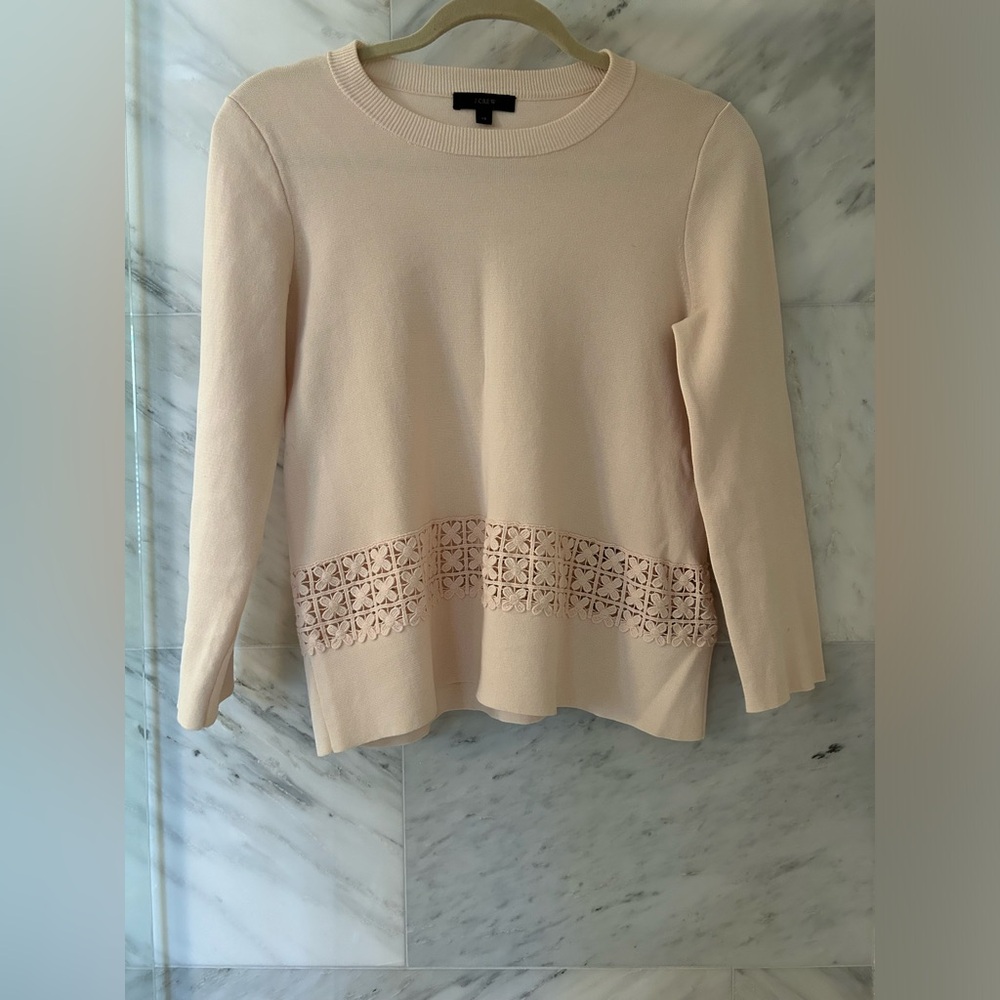 Pink jcrew lightweight sweater with crochet details